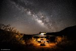 Off-grid trailer with awning and rooftop tent basecamp in Chihuahuan Desert